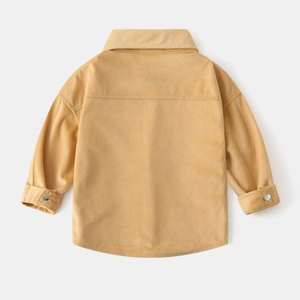 Back view of boys ginger corduroy long sleeve shirt with metal buttons and curved hem