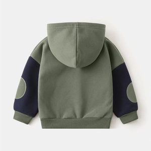 Back view of kids fleece hoodie with contrasting navy sleeves and elbow patches