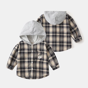 Detailed front and back view of children's plaid hooded shirt with cute bear patch