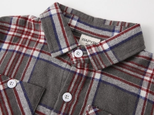 Detail of grey plaid flannel fabric showing soft texture and premium collar stitching