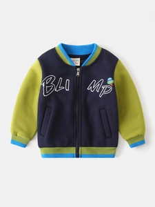 Veste de Baseball Doublée de Polaire pour Garçons Mélange Polyester Coton Bloc de Couleur Manteau Zippé Chaud Dessin Animé Imprimé Enfants