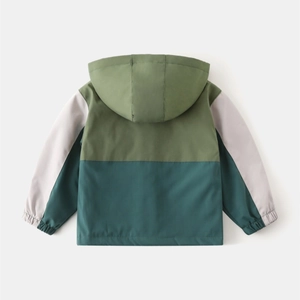 Rear view of color-block windbreaker for boys with elastic cuffs and hood