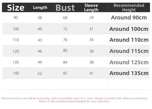 Size chart for boys hooded plaid shirt with height recommendations from 90cm to 140cm