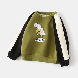 Detail of dinosaur print and striped raglan sleeves on green fleece sweatshirt
