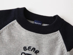 Detail of knit collar and bear letter embroidery on boys' gray and navy sweater