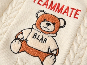 Detailed close-up of teddy bear embroidery and cable knit texture on children vest