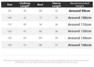 Size chart showing length and chest measurements for kids dinosaur sweatshirt