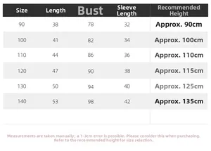 Detailed size chart for children hoodie showing length and bust across sizes 90 to 140