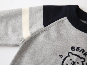 Detail of the knit neckline and bear graphic on this boys' autumn sweater