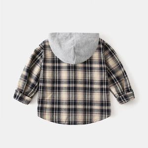 Back view of a kids plaid hooded shirt with gray knitted hood and curved hem detail