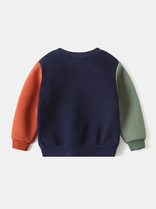 Kids color-block fleece sweatshirt featuring navy body with red and green sleeves