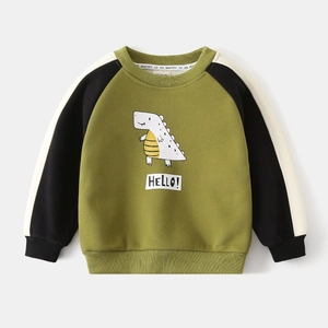 Detail of the crew neck collar and cartoon dinosaur print on the kids green sweatshirt