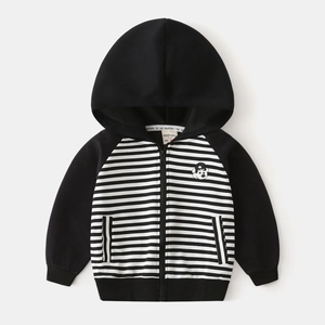 Detail of kids striped hooded jacket with zipper and cute cartoon puppy patch
