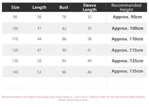 Detailed size chart for kids fleece jacket including length, bust, and sleeve measurements