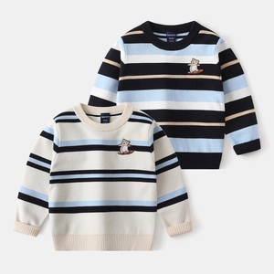 Detailed close-up of stripe pattern knit and cute surfing bear embroidery on kids sweater