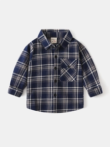 Classic blue and white checkered long sleeve cotton shirt for boys with front chest pocket