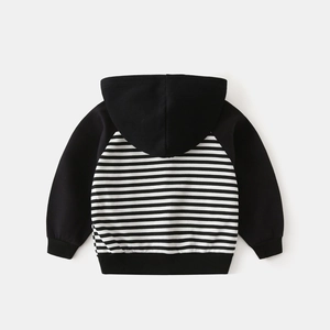 Flat lay back view of kids hoodie with striped torso and black raglan sleeves
