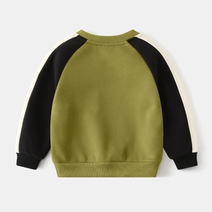 Flat lay detail of kids fleece sweatshirt with color block sleeves and sporty white stripes