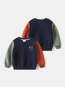 Kids colorblock fleece sweatshirt with bear print in navy green and orange sleeves