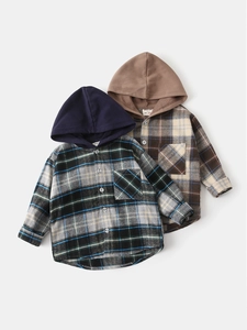 Chemises à capuche à carreaux pour enfants en coton bleu et marron pour l'automne