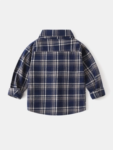 Classic blue and white plaid long sleeve shirt for boys with curved hem back view