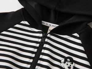 Detailed close-up of striped hoodie featuring cartoon bear embroidery and smooth zipper