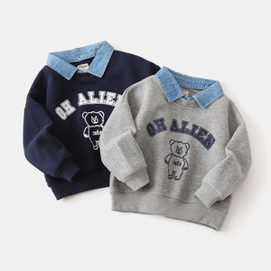 Detail of kids faux two-piece sweatshirts with denim collars and cute bear print