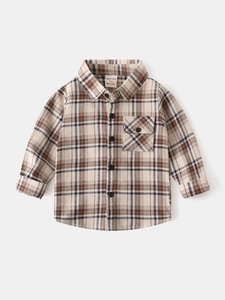 Classic beige checkered long sleeve shirt for boys with front buttons and single chest pocket