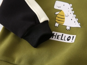 Detail of children's fleece dinosaur sweatshirt with contrast sleeves and ribbed cuffs