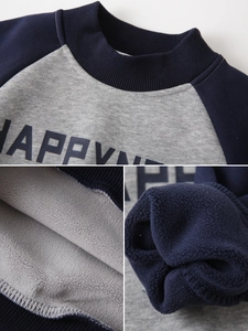 Boys warm winter sweatshirt with fleece lining and Happy print in blue and grey
