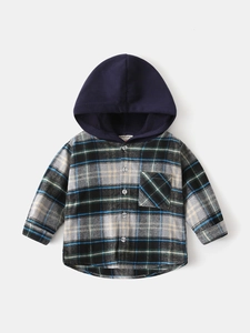 Chemise à capuche à carreaux bleu et gris pour garçons en flanelle avec des boutons