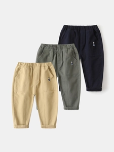 Boys Casual Cotton Pants Korean Style Comfortable Solid Color Trousers With Cute Bear Embroidery Elastic Waist Autumn Kids Bottoms