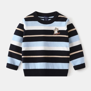 Detail of children's striped knit sweater with cartoon bear embroidery and ribbed collar