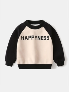 Boys warm color-block fleece sweatshirt with HAPPINESS print in beige and black