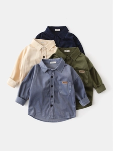 Kids corduroy long sleeve shirt in blue, cream, green and grey with front chest pocket