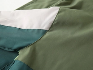 Detailed close-up of the stitching and multi-color patchwork fabric on kids thick jacket