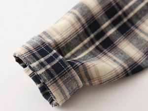 Close-up of the double-stitched cuffs on the navy blue plaid flannel hooded shirt