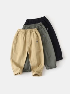 Kids casual cotton trousers with teddy bear embroidery and elastic waist in three colors