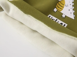 Close-up of olive green kids hoodie showing warm fleece lining and dinosaur print