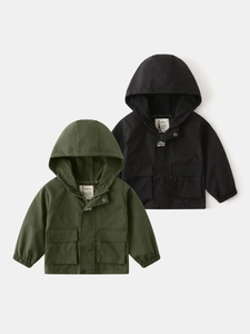 Boys Hooded Zipper Jacket Polyester Cargo Windbreaker Autumn Outerwear For Kids Casual School Daily Wear WAPYPY Style