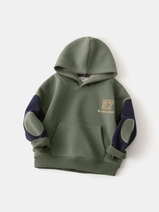 Boys Fleece Thickened Hoodie Colorblock Sleeve Elbow Patch Letter Print Cotton Blend Casual Sports Hooded Sweatshirt Top