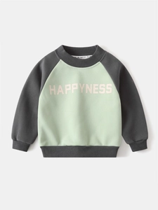 Kids warm fleece sweatshirt in mint green with contrast grey sleeves and Happyness print