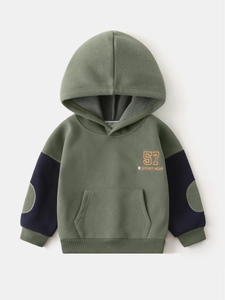 Kids warm fleece hoodie in olive green and navy blue color block with number 57 print