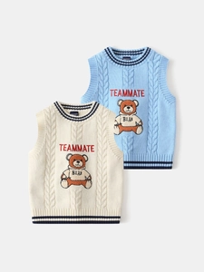 Boys Knitted Vest Sweater Cotton Cartoon Bear Embroidery Cable Knit Sleeveless Round Neck Pullover Autumn Fashion Top