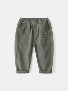 Army green children's casual trousers with elastic waist and bear embroidery detail