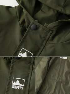 Kids hooded zipper jacket in dark green with mountain embroidery and functional snap buttons