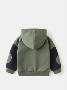 Kids fleece hoodie with contrast blue sleeves and elbow patches on olive green base