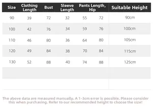 Tableau des tailles détaillé pour ensemble sweat et pantalon de sport pour enfants