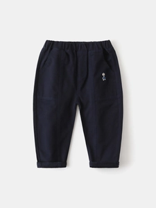 Boys navy blue casual trousers with teddy bear embroidery and elastic waist