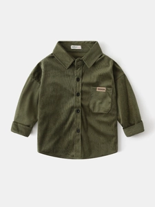 Olive green corduroy long sleeve shirt for boys featuring a classic collar and chest pocket